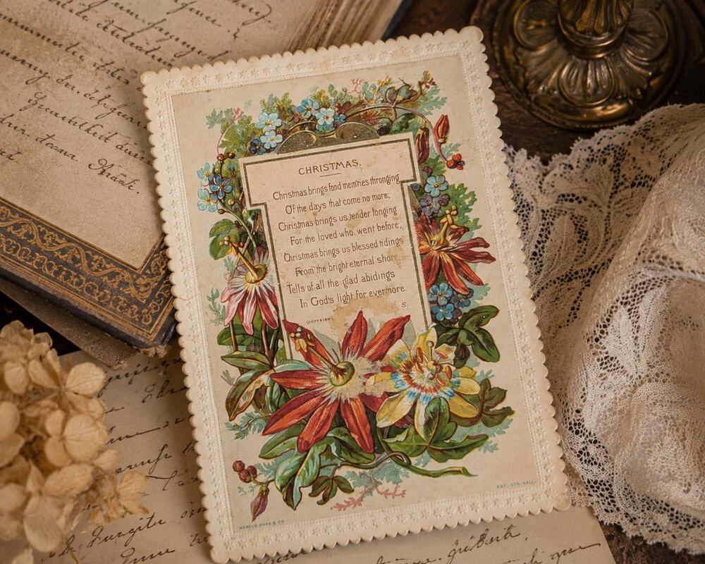 Antique Embossed Christmas Card Marcus Ward Floral Victorian Scalloped Religious